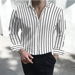Men's formal shirt button lapel shirt black and white red long sleeve striped collar wedding work clothing large size 5XL