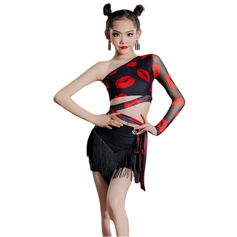 irls Latin Dance Costume Outfit Single Sleeve Tops Tassel Skirt ChaCha Dancing Clothes Children Samba Tango Practice Wear