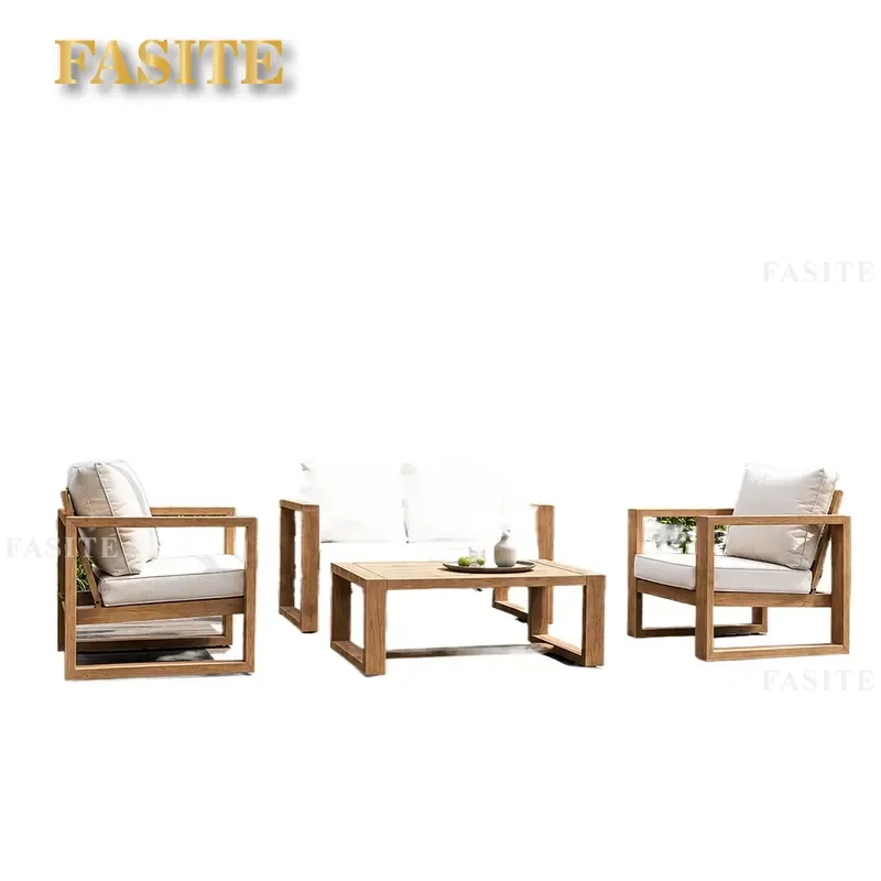 For Outdoor Patio Furniture All Aluminum Alloy Imitation Wood Grain PE Rattan Sofa Coffee Table Set Waterproof Sunscreen