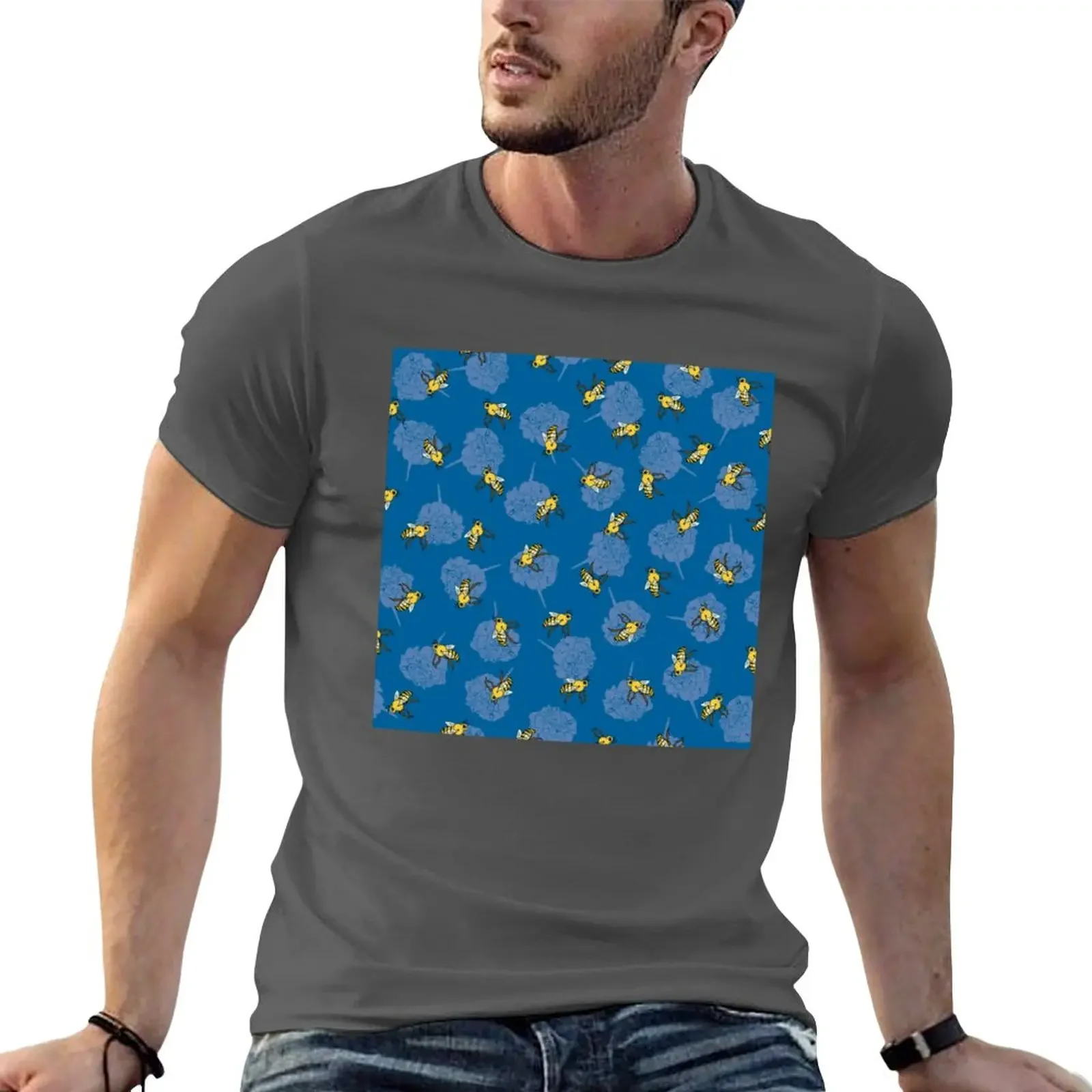 New Bees and marigold on blue background T-Shirt heavyweight t shirts sweat shirt Blouse fitted t shirts for men