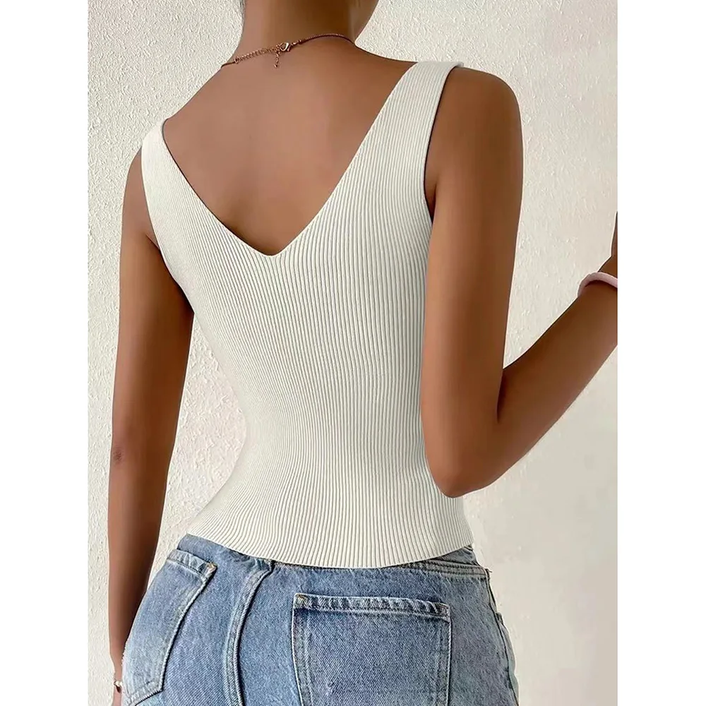 New Summer Women Drawstring Front Ribbed Knit Tops Femme Sexy V Neck Sleeveless Crop Top Clothes High Stretch Split Cropped Tank