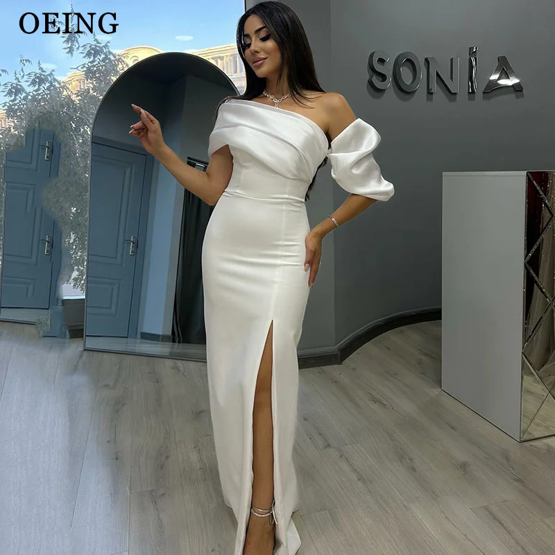 

OEING Simple Mermaid White Prom Dresses Off Shoulder Pleats Side Slit Party Gowns Floor-Length Evening Dress Customized