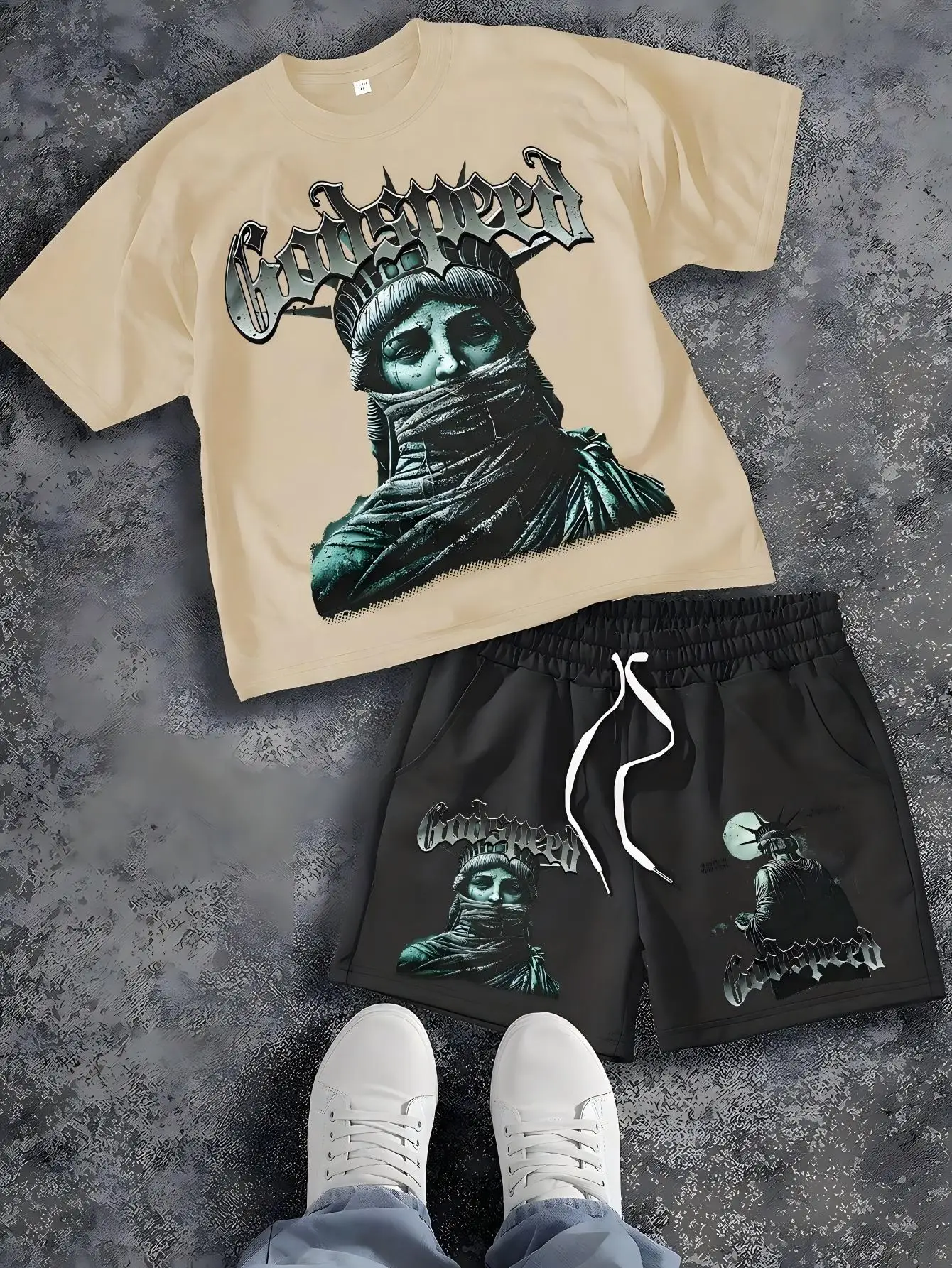 Men's Summer Gothic Statue of Liberty Printed Comfortable Breathable Round Neck T-shirt Drawstring Shorts Set Outdoor Streetwear view 3