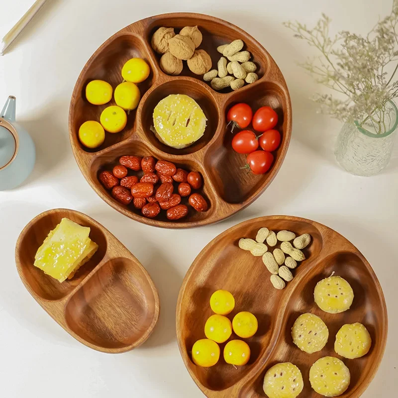 Natural Wood Round Sectioned Snack Platter 5 Grid Divided Food Tray for Dried Fruit Nut Biscuit Appetizer Farmhouse Home Kitchen