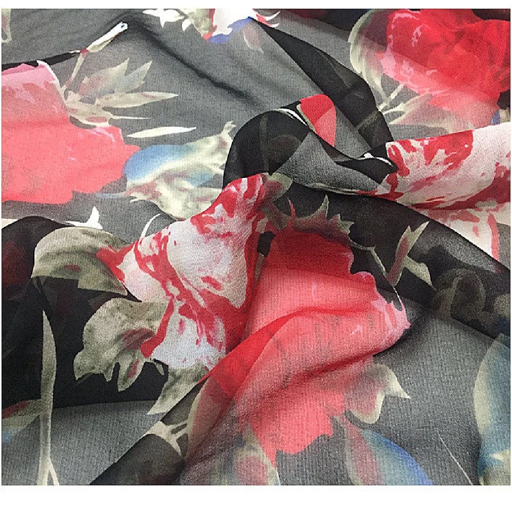 Nice Quality Gorgeous Elegant Digital Printed Silk Georgette Fabric GGT Black Red Floral  for Summer Saree Skirt Pants Pajama