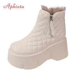 Aphixta-Botas de nieve impermeables para mujer, zapatos con plataforma a cuadros, cálidos, de felpa, con cremallera y flecos, suela gruesa