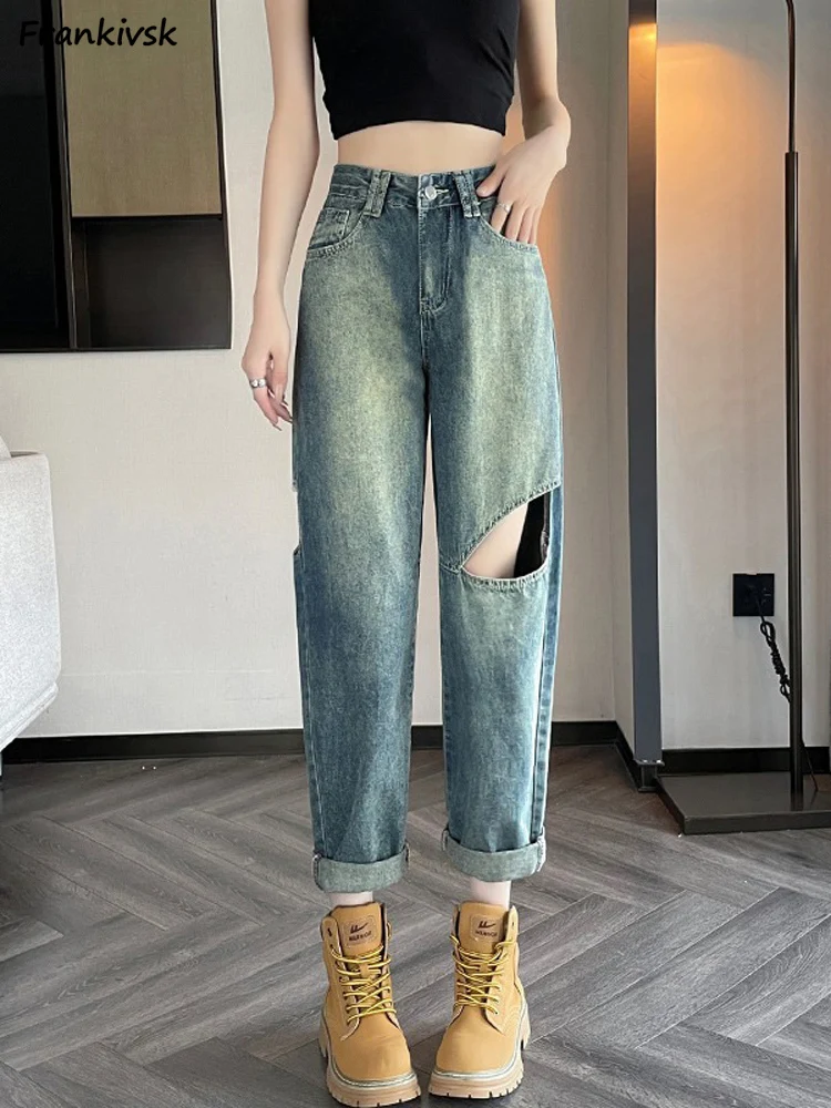 

Hole Harem Jeans Women Spring Cuffs Asymmetrical Washed Vintage Japanese Style Loose Office Lady All-match High Waist Streetwear