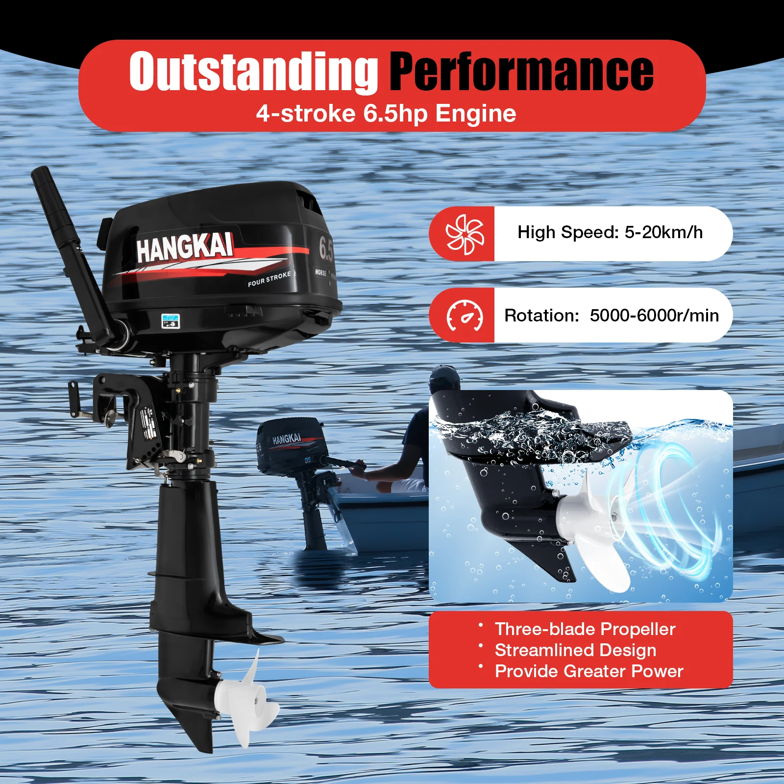 4 Stroke Outboard Motor, Heavy Duty Boat Motor Inflatable Marine Fishing Boat Yacht Engine with Water Cooling System