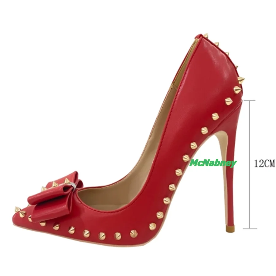 Studded Bow High Heel Shoes,Red Leather Pumps Pointed Toe Stiletto Women Shoes Wedding Party Heels 2023 New Zapatos Para Mujere