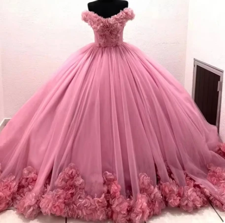 Special Luxury Floral Applique Volume Girls Ball Gowns Pretty Pink Off-The-Shoulder Birthday Princess Quinceanera Dresses