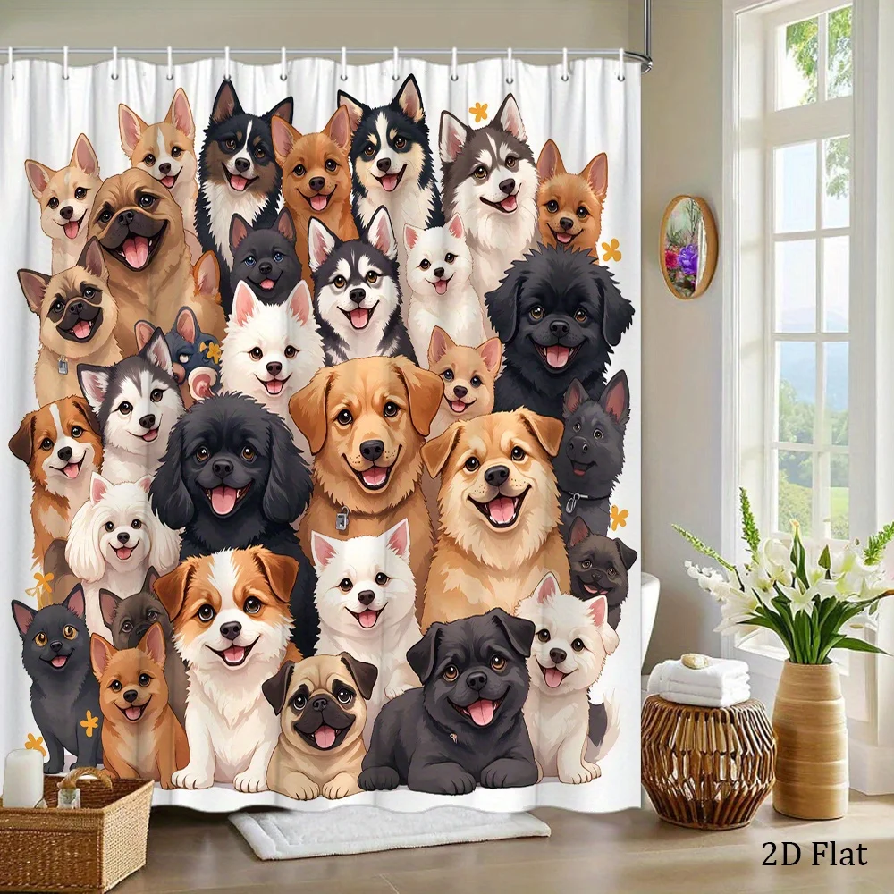 1pc Dog Breeds Collection Shower Curtain - Cute Cartoon Dog Faces Design, 70.8x70.8 Inch with 12 Hooks, Polyester Washable Bathr