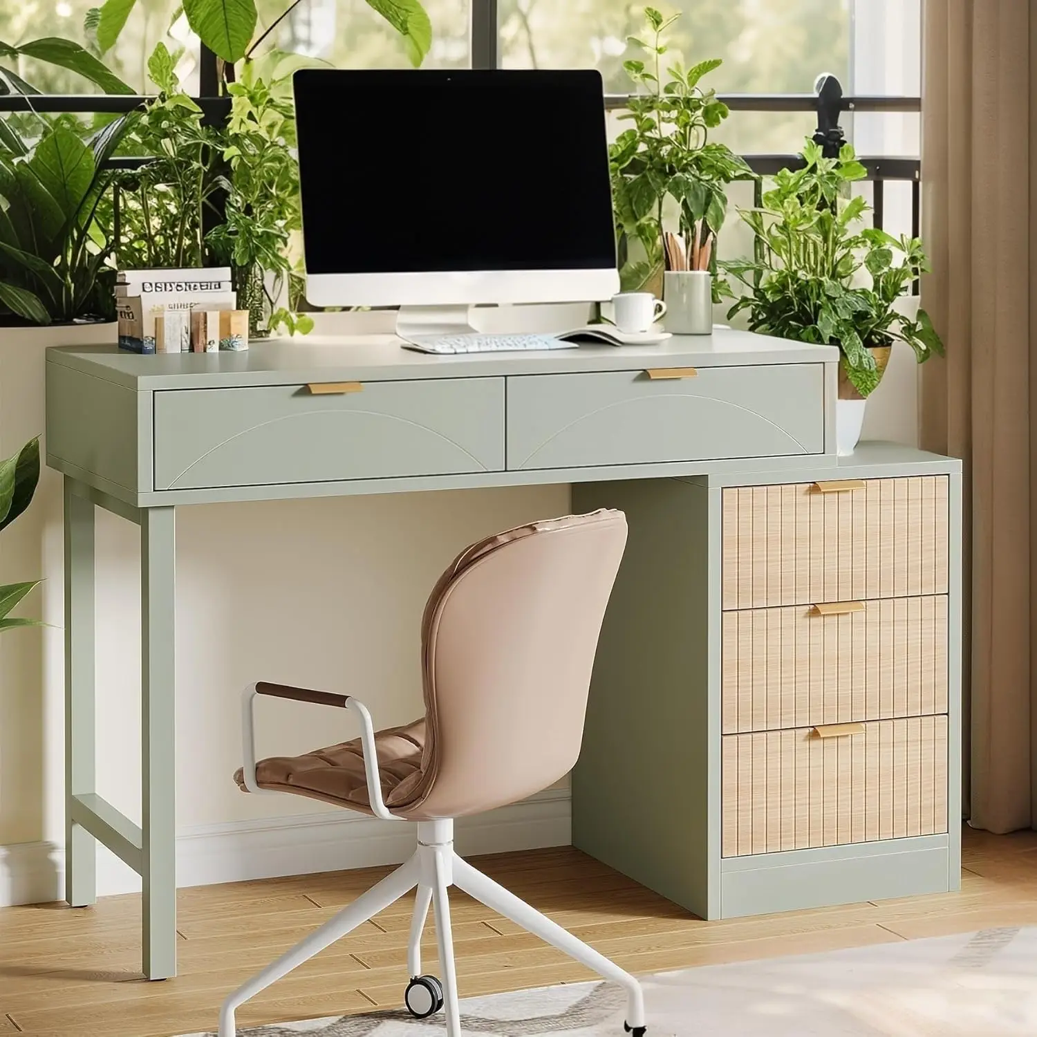 

Computer Desk with 5 Drawers, Reversible Small Writing Desk with Storage, Modern Wooden Study Corner Table Workstation for Home