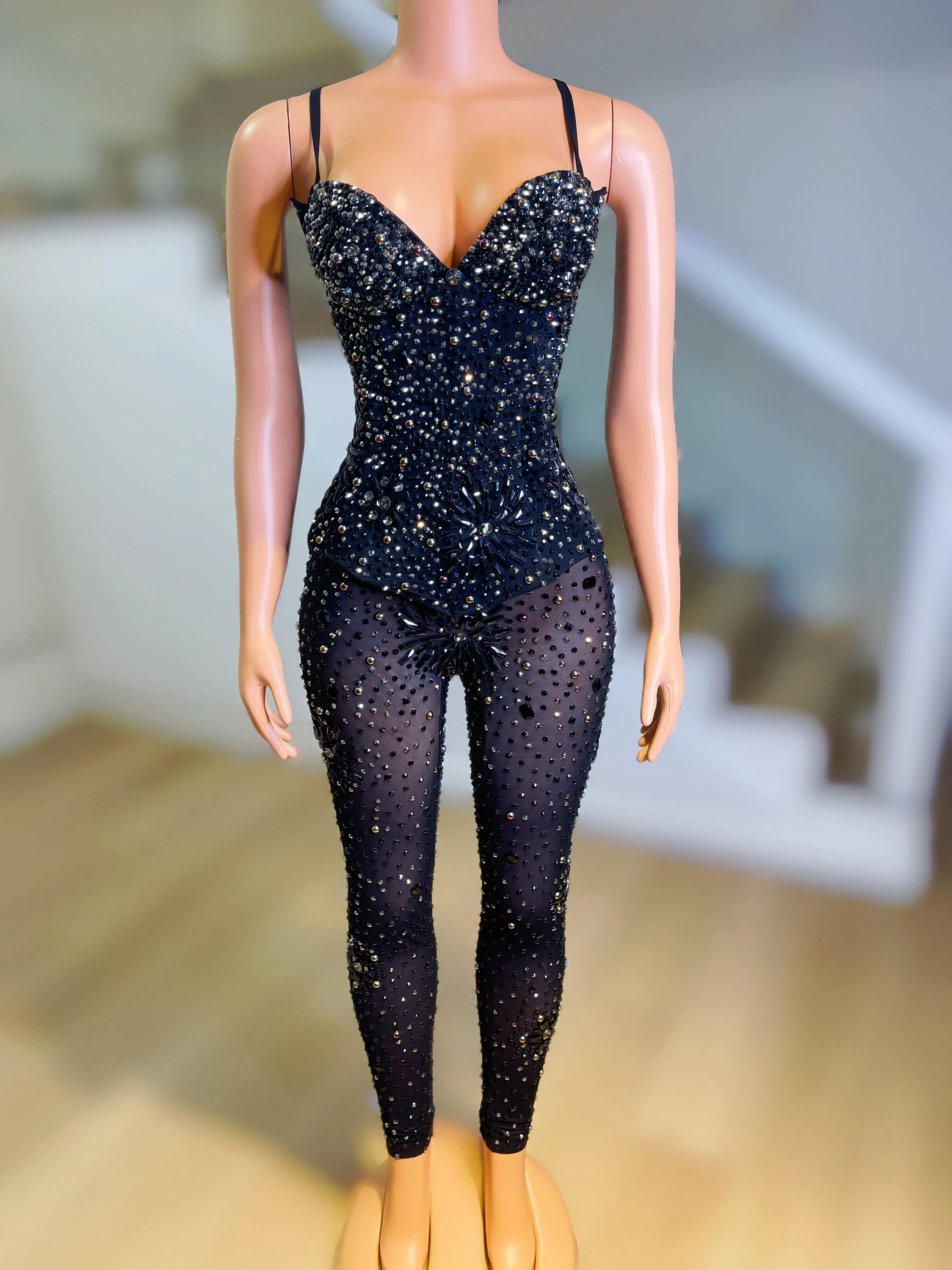 Flashing Full Black Rhinestones Mesh See Through Jumpsuit Nightclub Women Dance Show Bodysuit Leggings Birthday Party Outfit