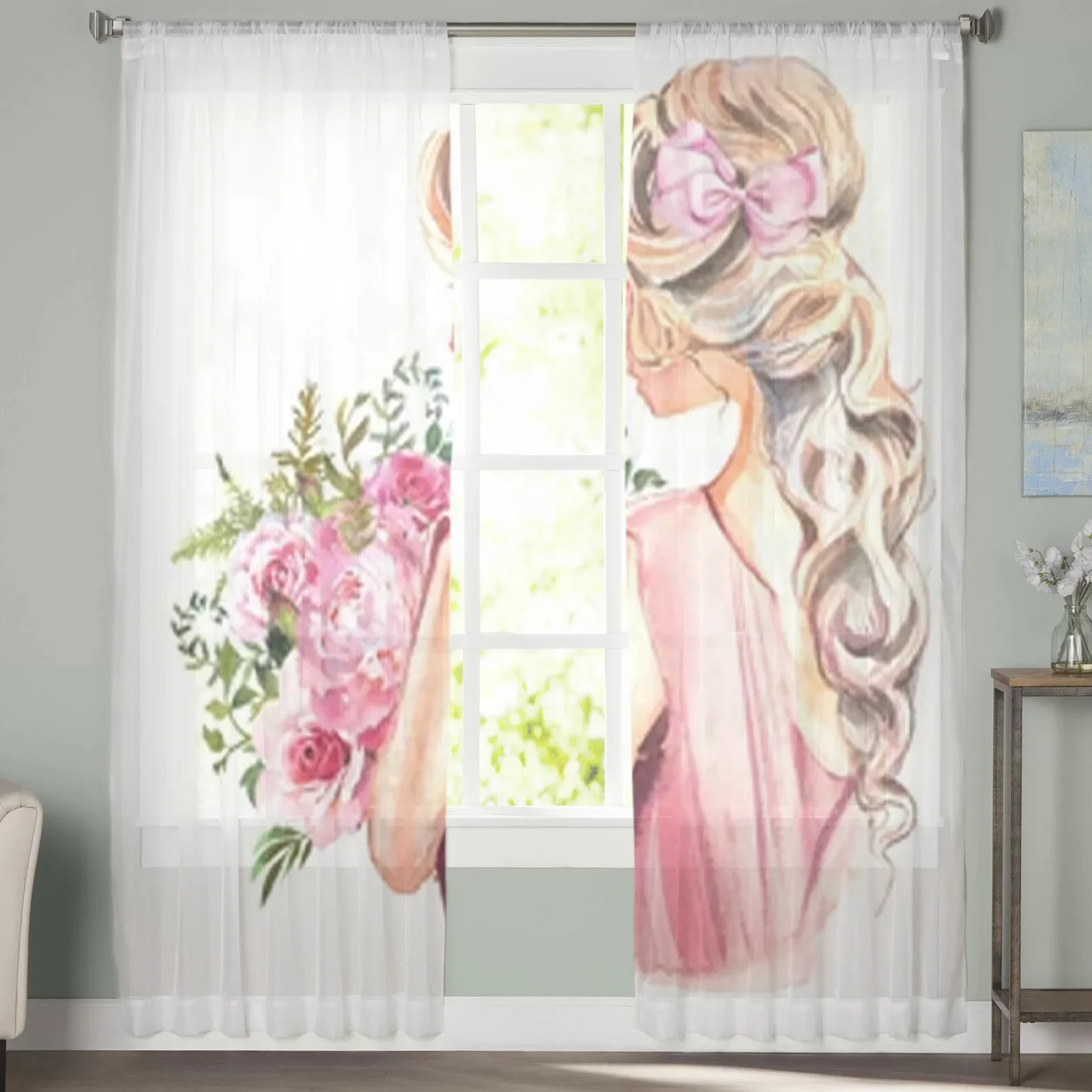 Beautiful Watercolor Girl Sheer Window Curtains For Living Room Bedroom Modern Voile Tulle Curtains Fabric Drapes For Kitchen