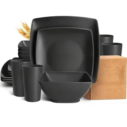 16/32Pcs Plastic Square Dinnerware Set Dishwasher Safe Microwave Safe Space-Saving Includes Dinner Plates Salad Snack Bowls
