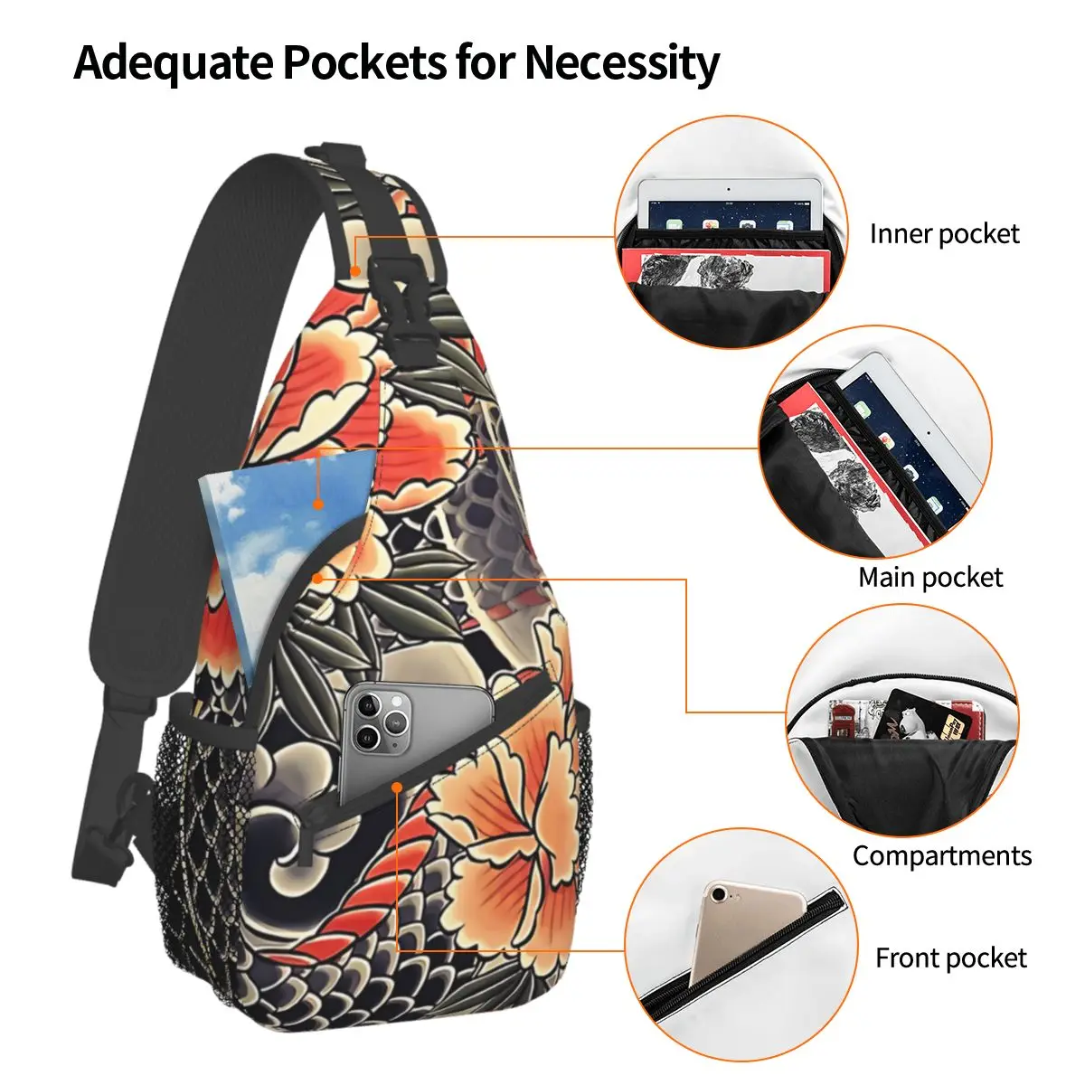 Japanese Art Tattoo Crossbody Bag Sports Snake Peonies Flower Ink Chest Bag Unisex Women Man Fashion Shoulder Backpacks Travel