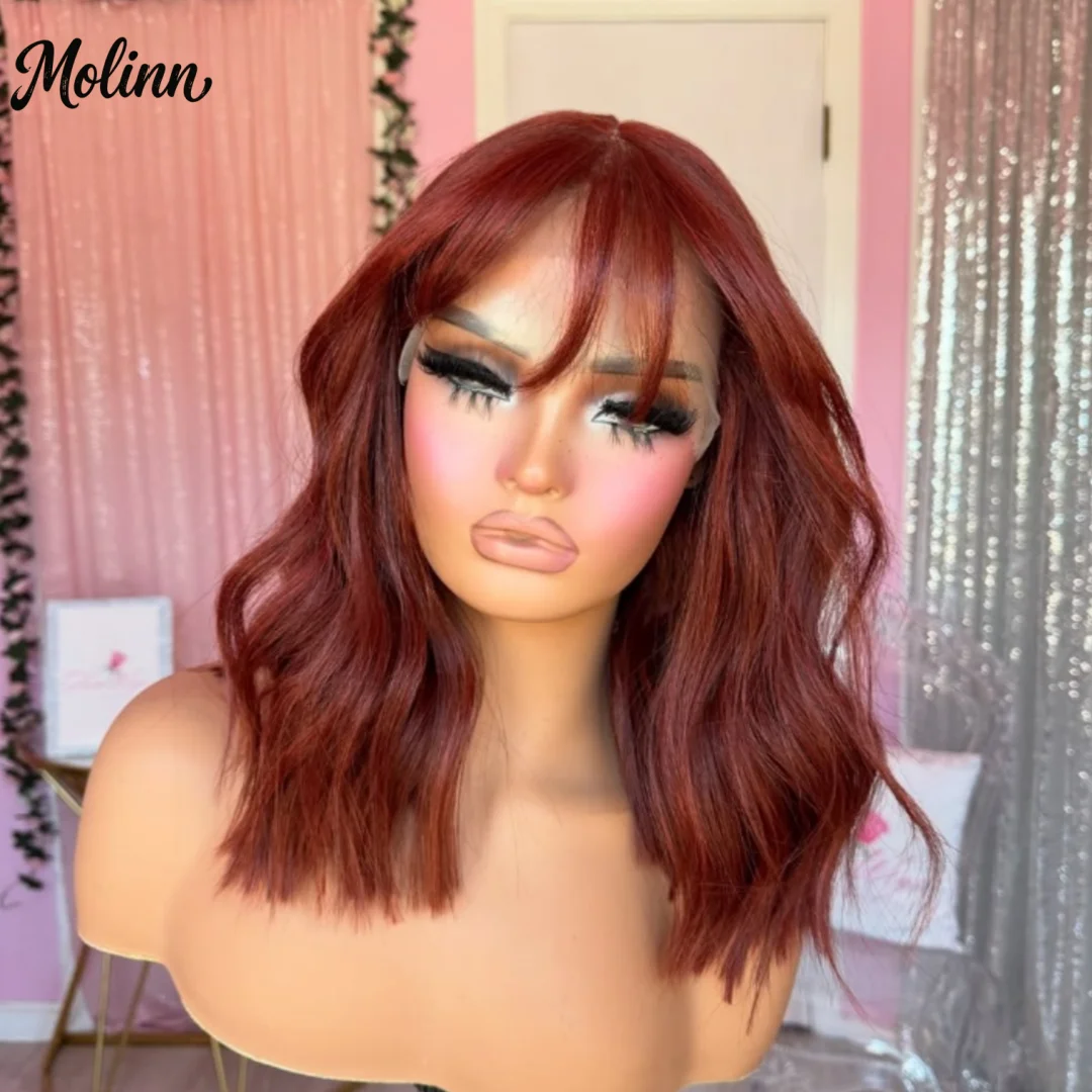 Reddish Brown Short Wavy Lace Front Wig with Bangs 13x4 HD Synthetic And Blend Premium Fibre Heat Resistant Party Wear Cosplay