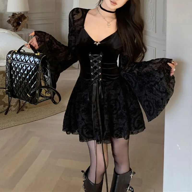 

2025 Spring Autumn Dark Flare Sleeve Mini Dress Vintage V-Neck Female Clothing Lace Spliced Stylish Bandage A-Line Waist Dresses