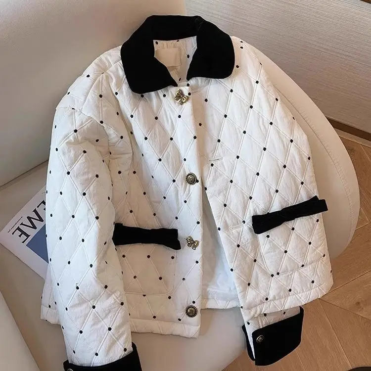 

Gagaok French Style Parkas Mujer Polka Dot Splicing Diamond Grid Winter Jacket Women Contrasting Color Lapel Gentle Coats Femme