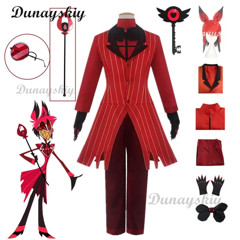 Hazbin-Disfraz de ALASTOR para hombre adulto, uniforme de Halloween, chaqueta y pantalones, traje rojo de Anime, para Hotel