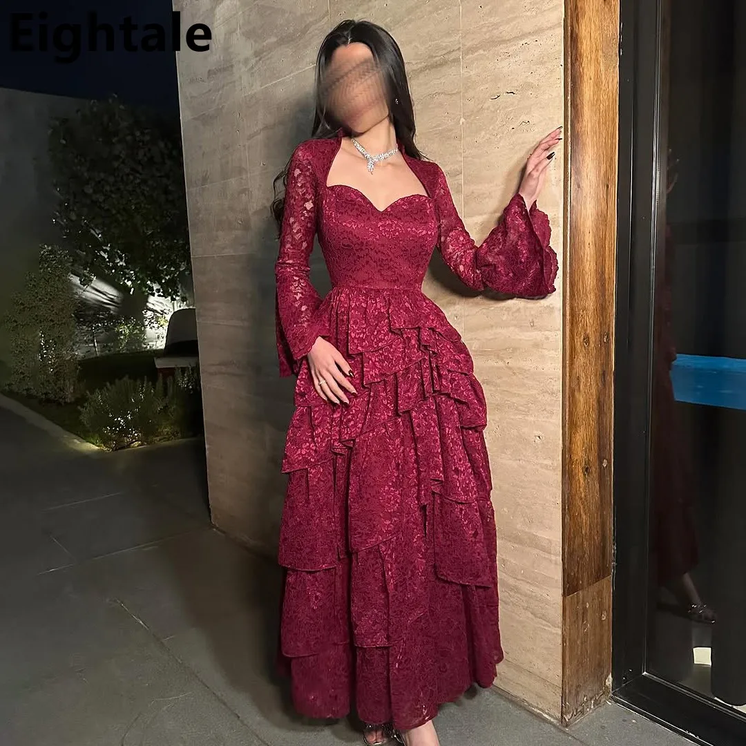 Eightale 2025, Burgunder-Spitze-Abendkleider, langärmelig, abgestufte Ballkleider, Dubai, formelles Partykleid