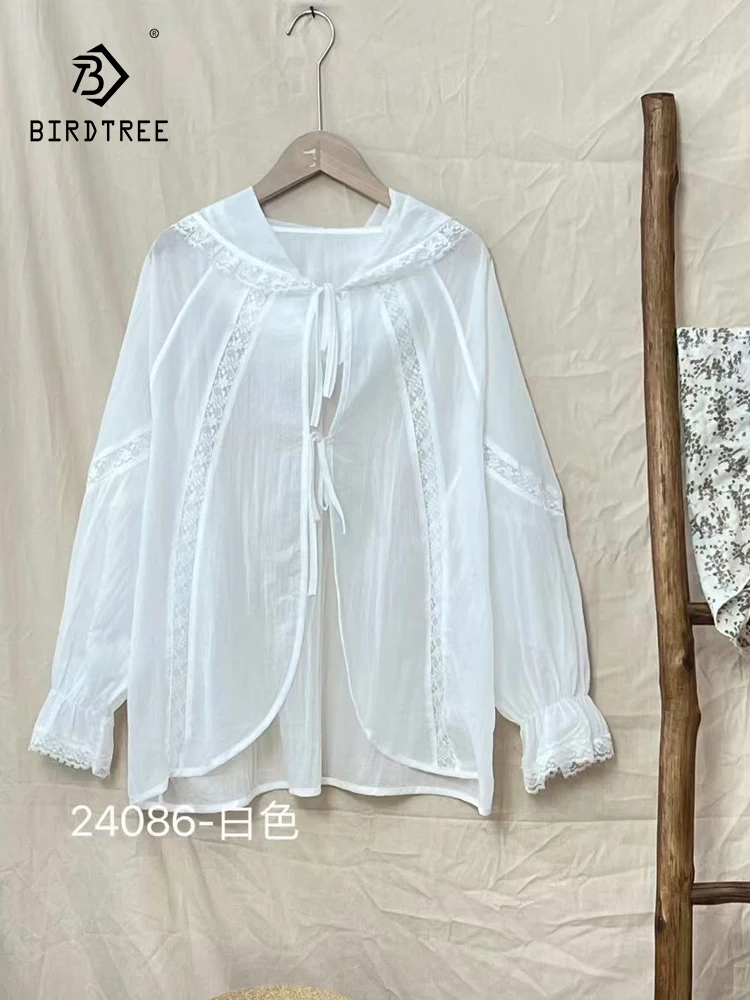 

New Summer Cotton Long Sleeve Shirt Women Solid Lace-up Hooded Tops Girl Casual Loose Sunscreen OL Blouse 2024 Autumn T462147QC