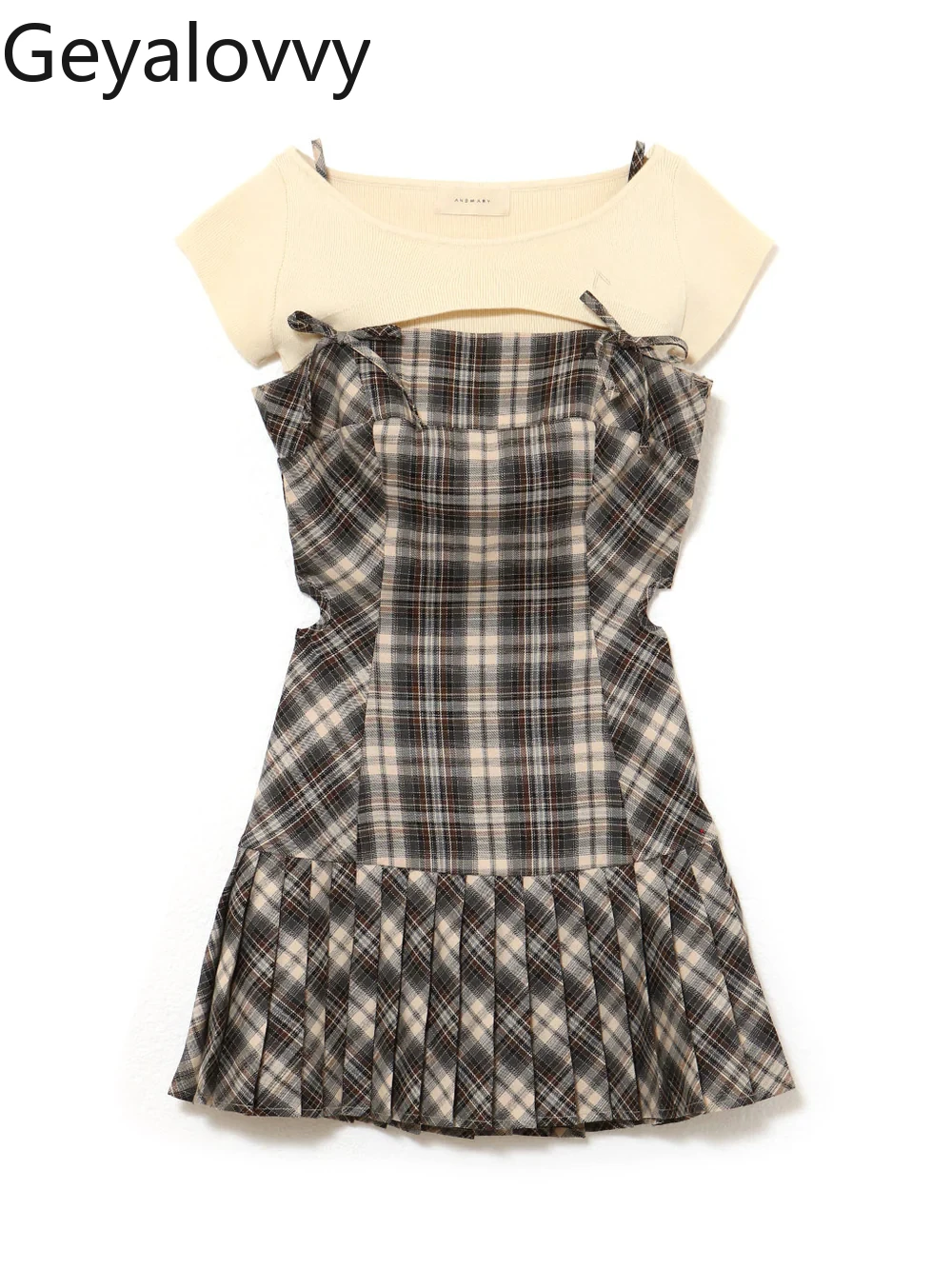 

Women's Casual Suit Summer Japanese Style Niche Design Plaid Waist Suspender Dress and Blouse Set Fashion Lady 2 Piece Sets