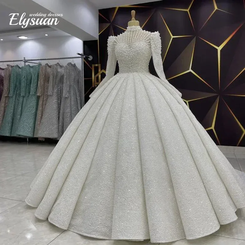 Customized White Pearls Wedding Dresses High Collar Long Sleeves Ball Gowns Beads Sequined Beach Bride Dress
