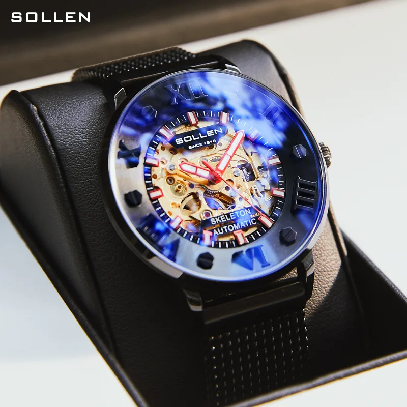 SOLLEN Automatic Mechanical Watch For Men Fashion Creative Dial Hollow Watch 30M Luminous Waterproof 2023 New Relogio Masculino