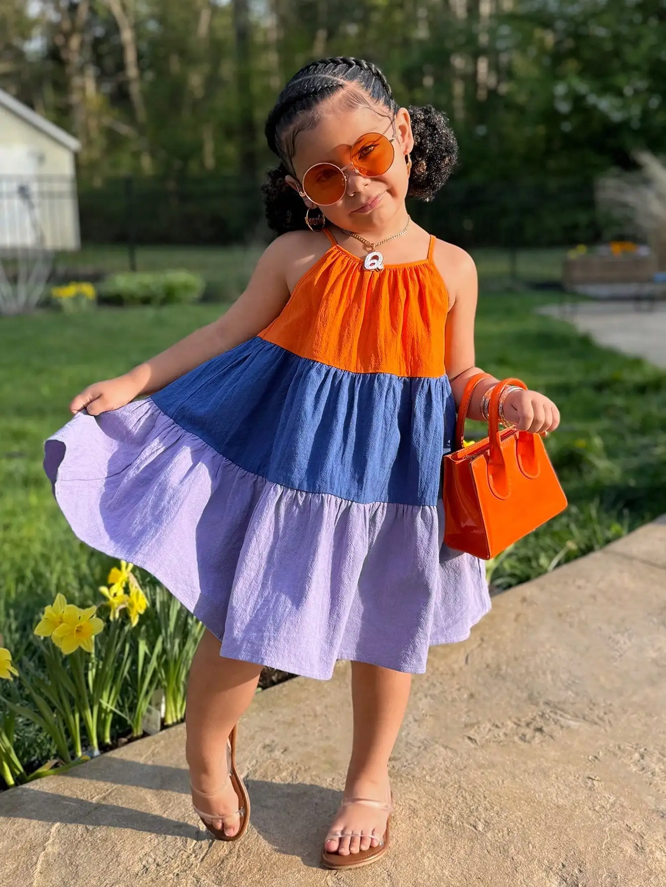 

Платье-халтер А-силуэта с цветовыми блоками и оборками для девочек для летнего отдыха