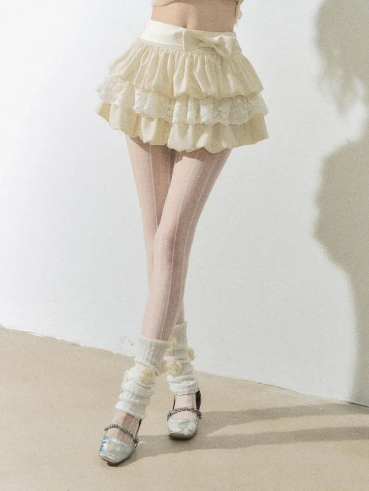 أنيقة الحلو القوس Hite تنورة دانتيل للنساء Y2k عالية الخصر Faldas Mujer موضة كل مباراة Ruched ألف خط كعكة التنانير