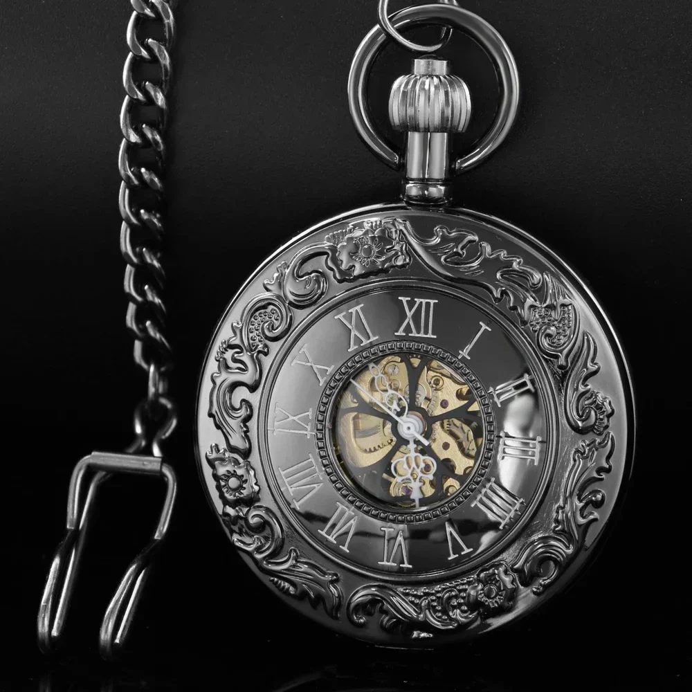 Vintage Luxury โลหะสีดํา Mechanical Hand Wind นาฬิกาพ็อกเก็ตนาฬิกาผู้ชาย Steampunk Vintage จี้ Fob นาฬิกาจี้นาฬิกาของขวัญ