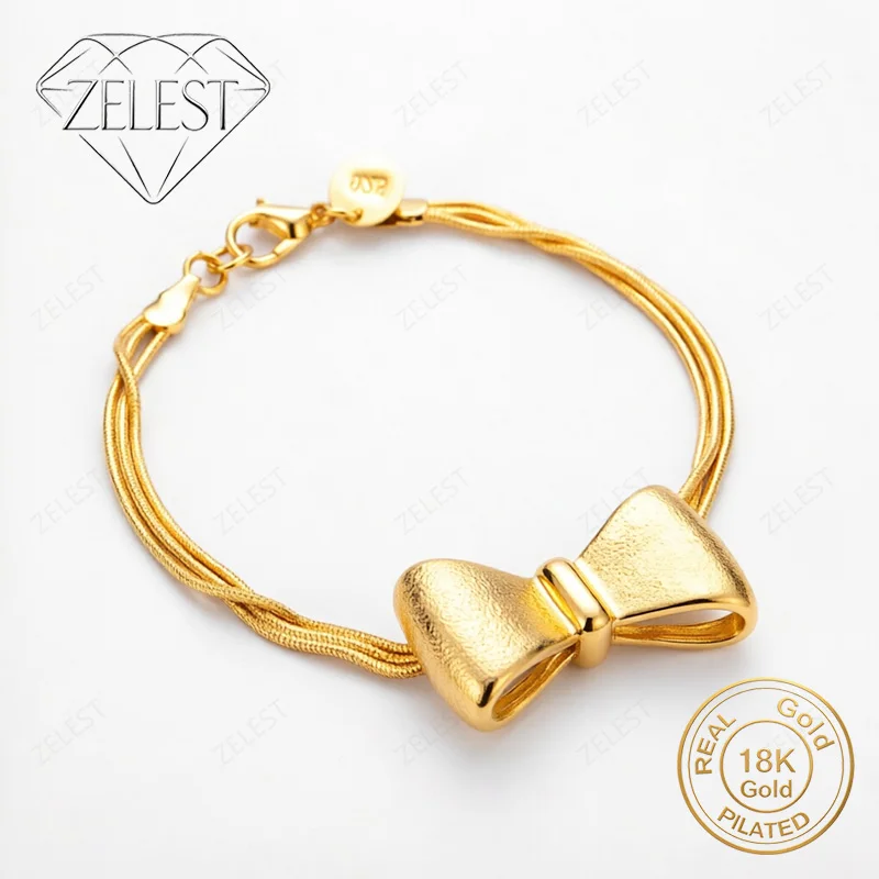 

925 Sterling Silver 18K Gold Plated 8 Inch Exquisite Bow Bracelet Women's Fashion Party Wedding Gift Jewelry