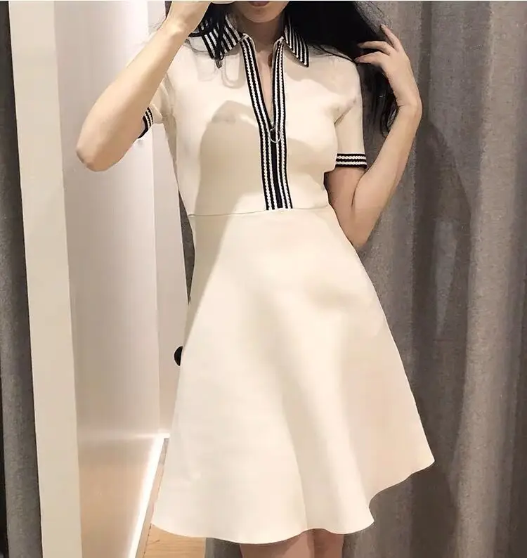 

Slimming Effect Knitted High Waist Collar Zipper Dress British Style Commute Pure Color Short Sleeve Midi Dress