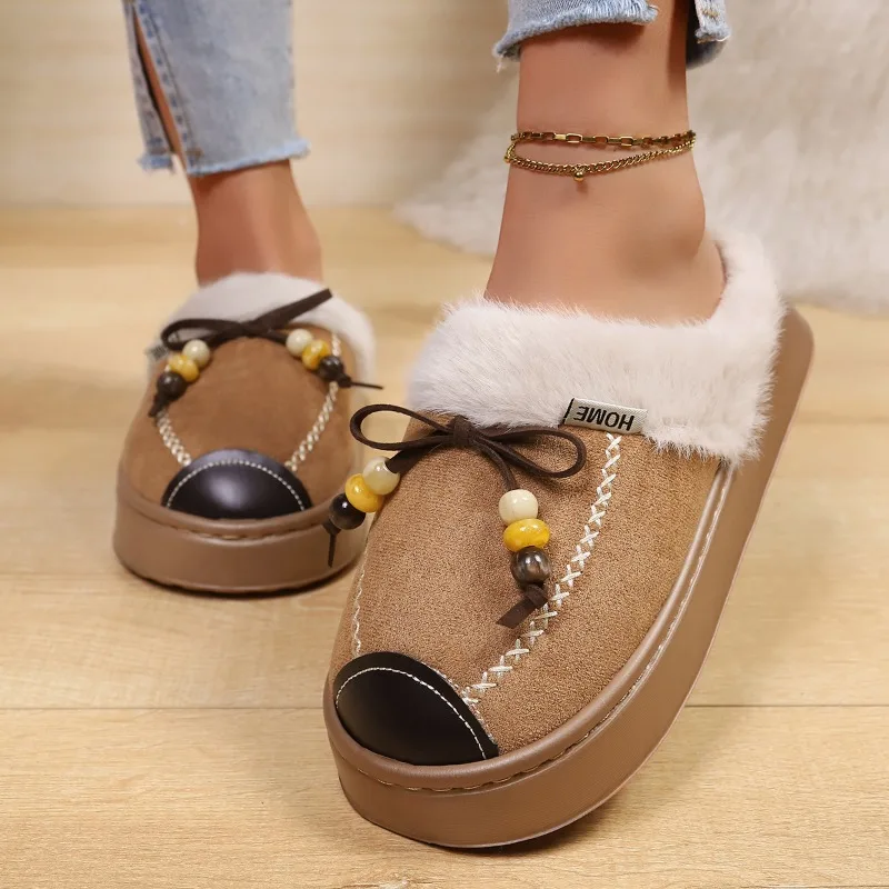Winter Fluffy Plush Luxury Designer Warm Women's Cotton Slippers 2026 Fashion Bow Decor Casual Thick Soled Comfort Women Shoes