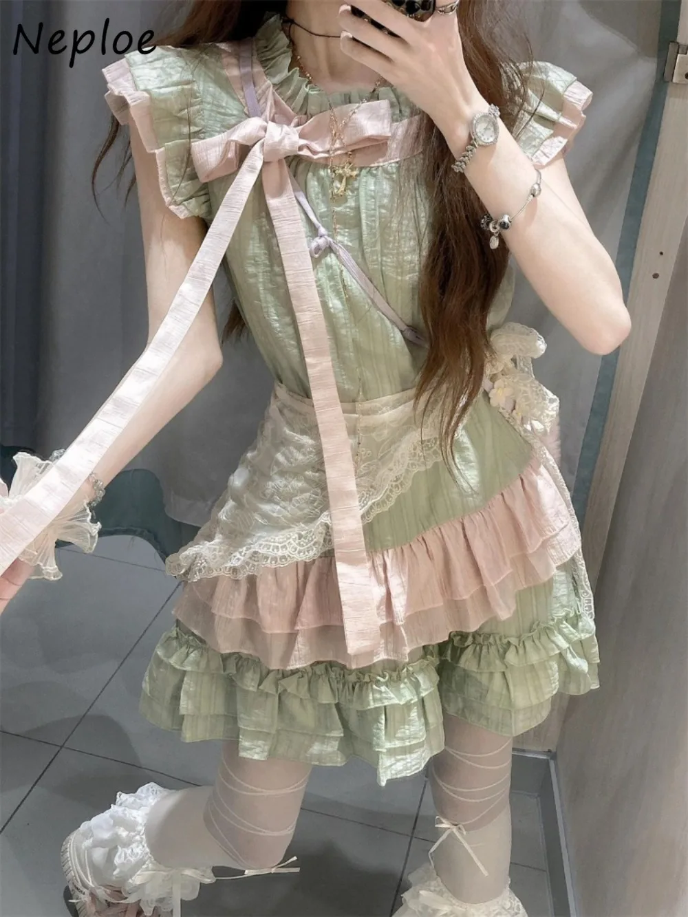 

Neploe Cute Panelled Ruffles Suit Preppy Shirt High Waist Short All-match Cake Women Falda Japanese Lovely Patchwork Two-pieces