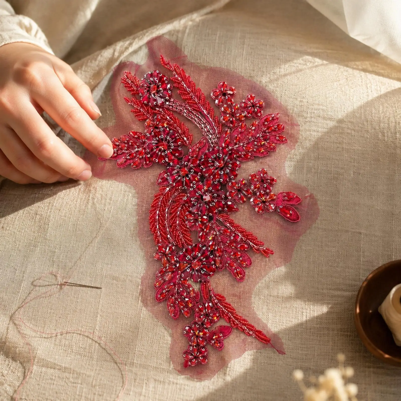 Handcrafted Flower Decorative Patch with Sequins Beads for Eveningwear Bridal Gown Tailoring