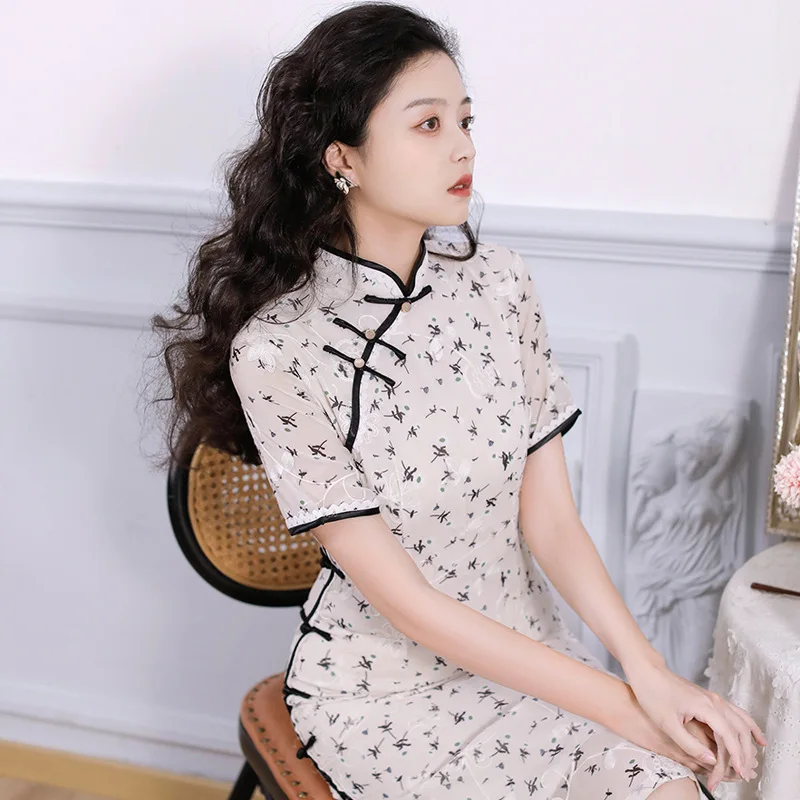 Summer Autumn New Style Fashion Cheongsam Mid-Length Double-Layer Chiffon Improved Slim-Fitting Daily Floral National