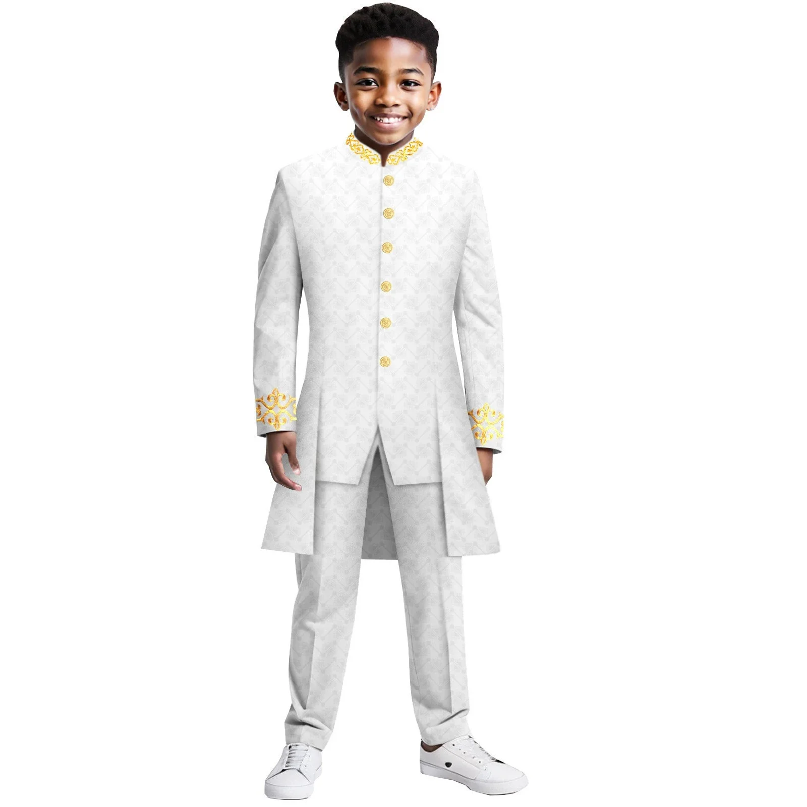 인도 스타일 소년 정장 턱시도 긴 정장 싱글 브레스트 자켓과 바지 세트 웨딩 패션 어린이 파티 드레스