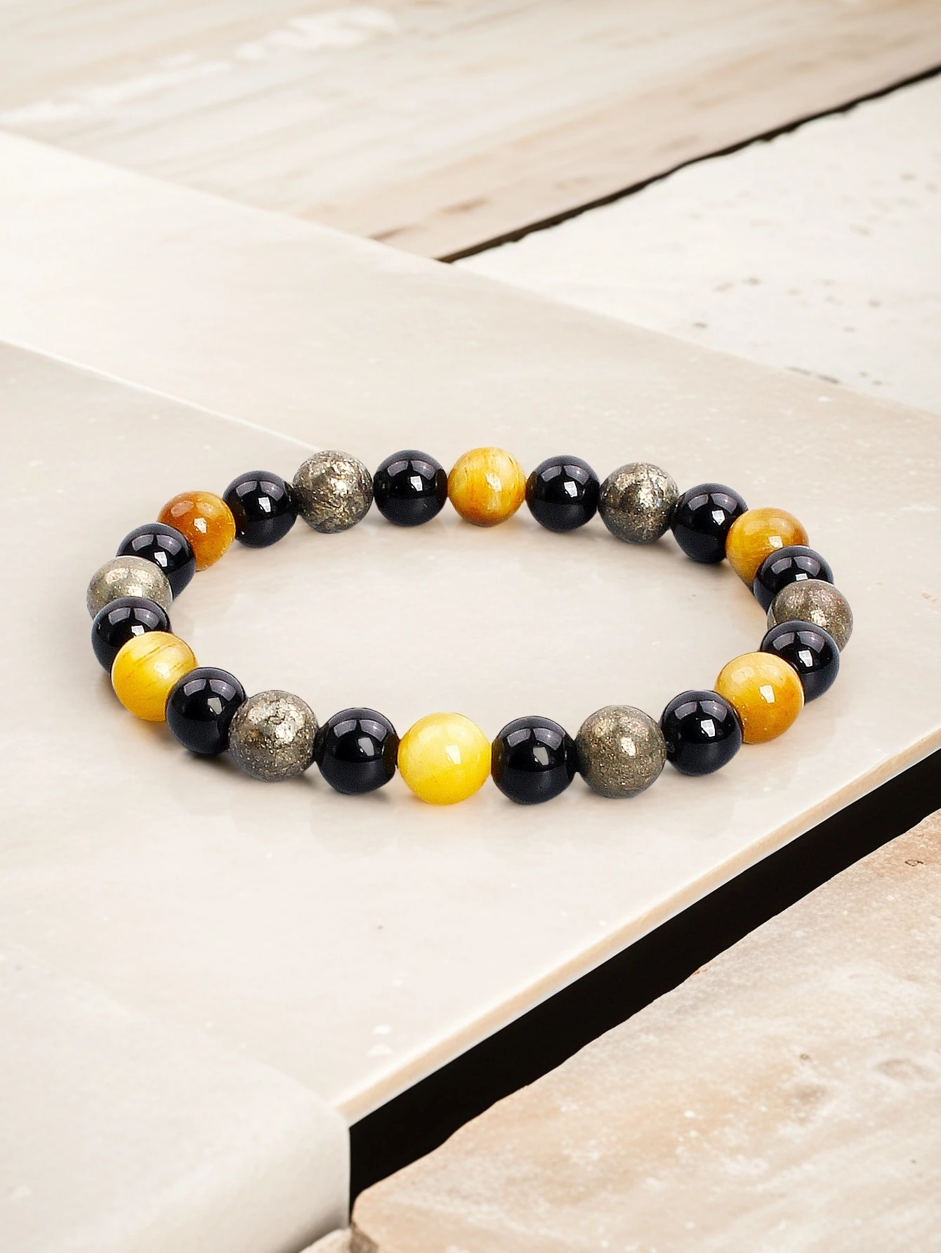 Triple Protection Natural Stone Beads Bracelet Tiger's Eye for Courage Obsidian for Grounding & Pyrite for Wealth Health Jewelry