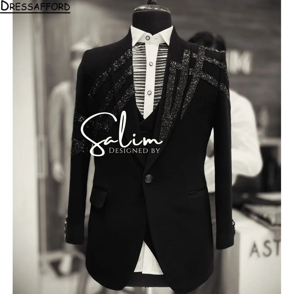 Black Glitter Crystal Blazers Men Suits Fashion Banquet 2 Piece Business Jacket Pants Trousers