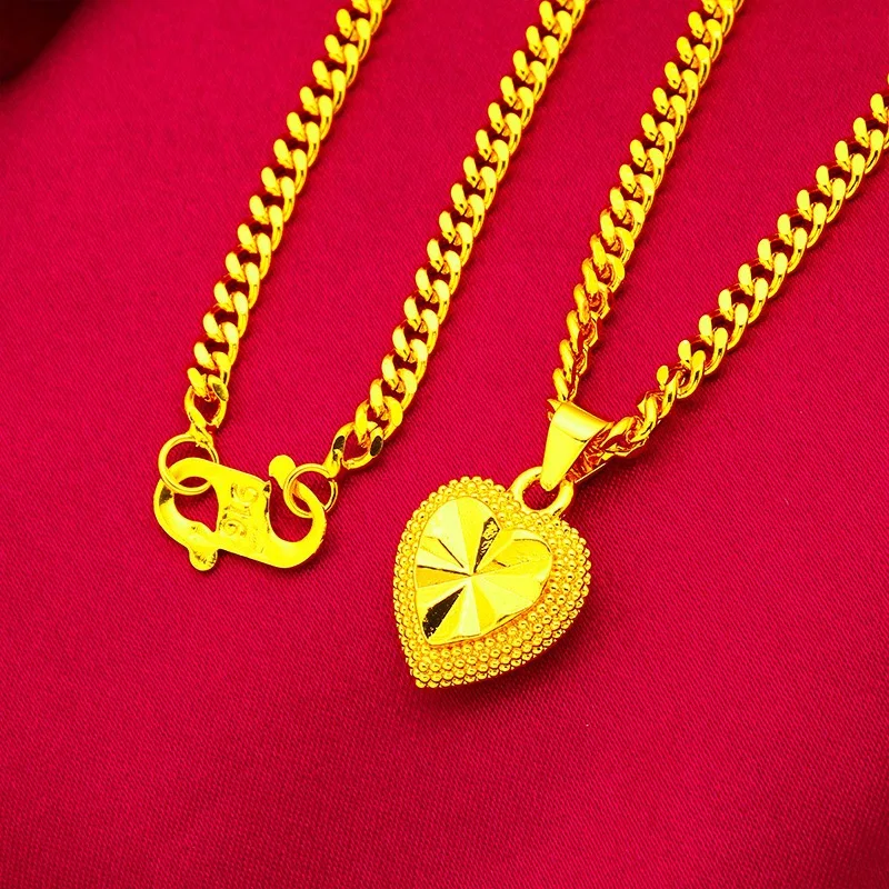 9999 24k gold heart-shaped necklace, ethnic style hollow chain, gold necklace, gold jewelry