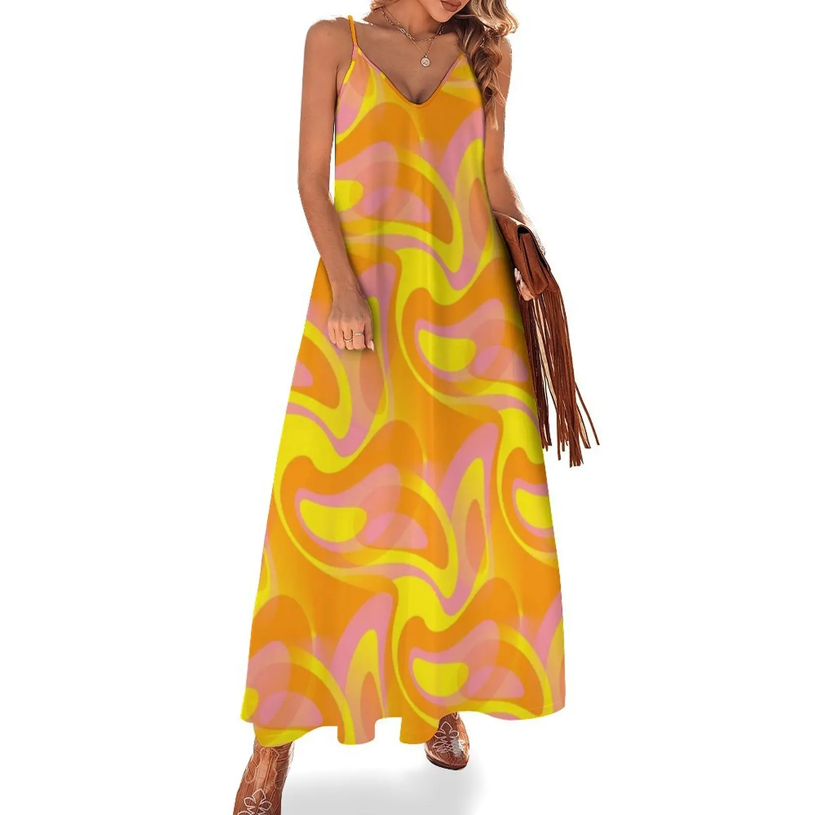 

Feeling Groovy - 60's Mod Abstract in Orange, Pink and Yellow Sleeveless Dress Dress vintage Evening gown