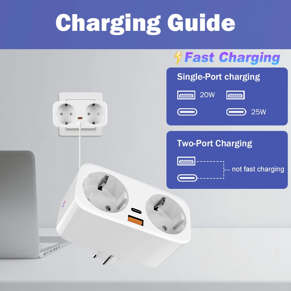 MANHOT 16A WiFi Smart EU Plug PD Fast Charge Smart Plug 2 in 1 Socket Smart Dual Outlet  Work With Alexa Google Assistant