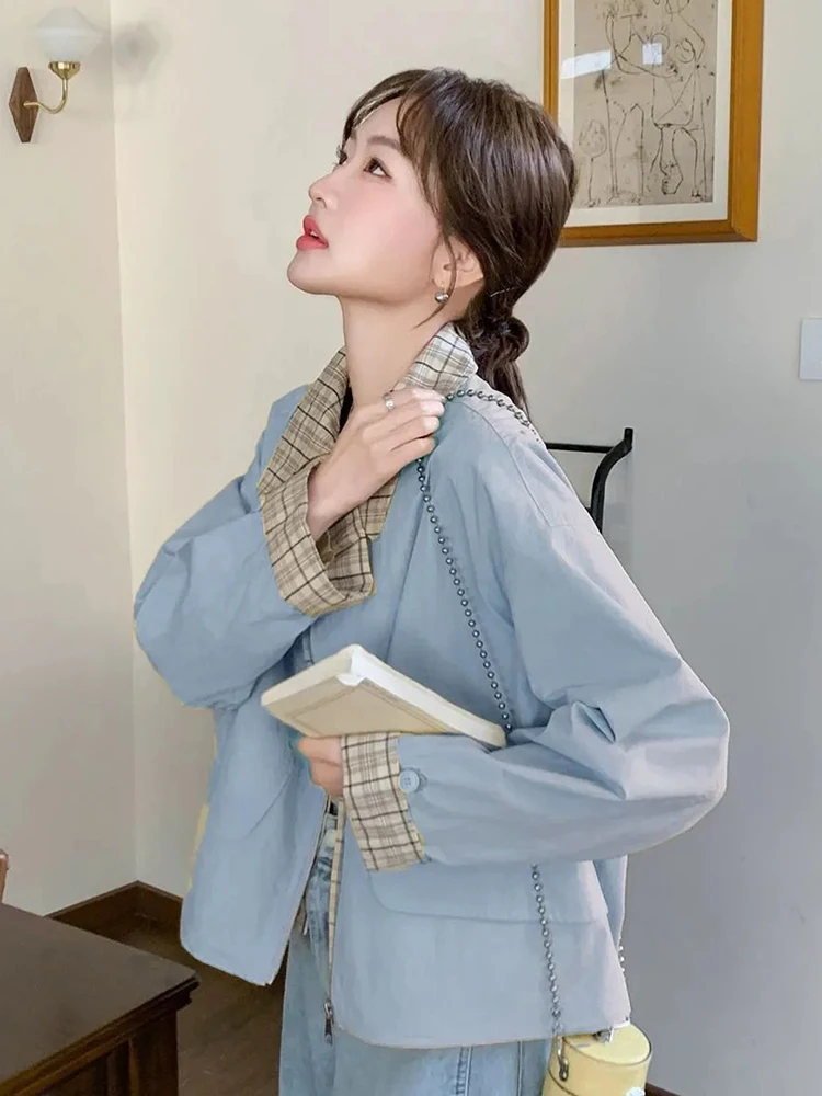 

Zoki Sweet Cargo Jacket женская свободная куртка в консервативном стиле в клетку в стиле пэчворк короткое пальто повседневные корейские модные топы с длинными рукавами на осень и зиму