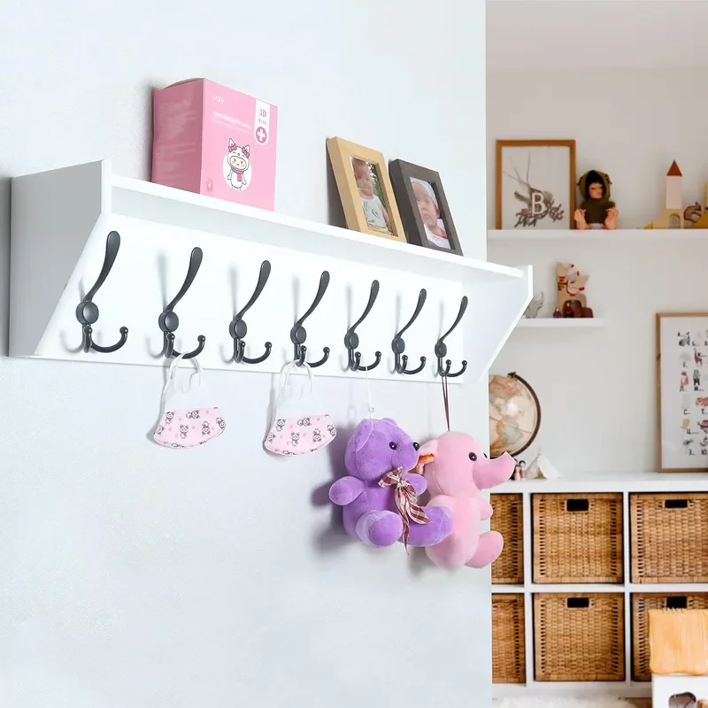 Coat Rack Wall Mount with Shelf 35 Long White Shelf with Hooks Underneath 7 Triple Hooks Key Rack for Wall Entryway Shelves