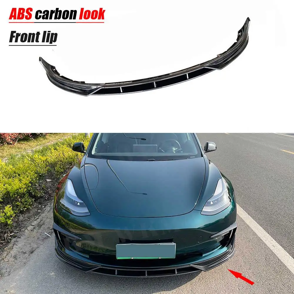 ABS Carbon Look Gloss Black Front Bumper Lip Spoiler For Tesla Model 3 Head Chin Guard Car Styling 3Pcs/set