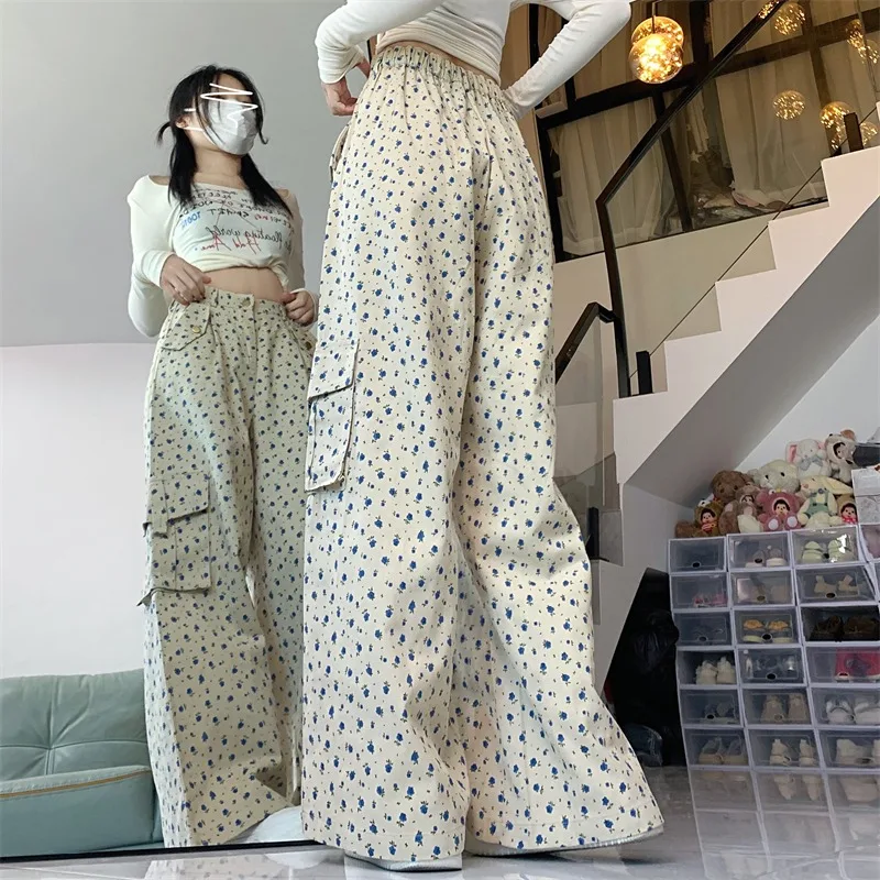 Korean Retro Floral Cargo Pants Women Loose Wide Leg Straight Full Length High Waist Fashion Versatile Casual Trousers Female