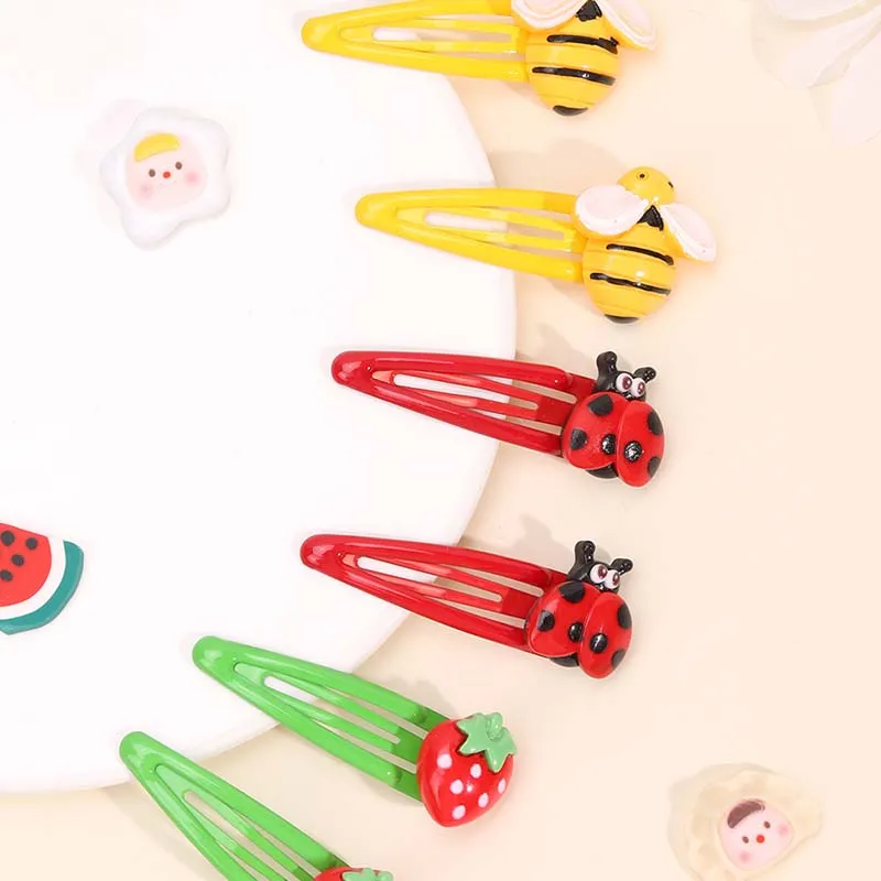 ncmama 6Pcs/set Cute Strawberry BB Hair Clips Bee Ladybug Hairpin Sweet Girls Barrettes Snap Clips DIY Hair Accessories Headwear