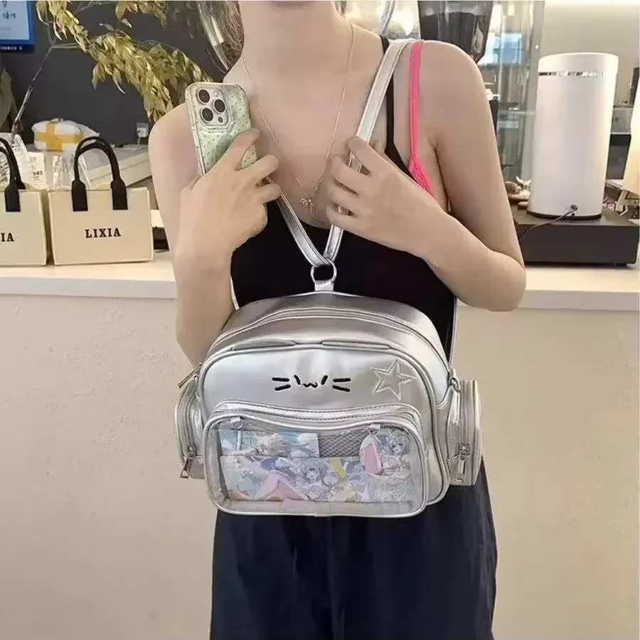 New Y2K koreańskie Kawaii Cat Ita Bag śliczny torba na ramię z PU dziewczęcy przezroczysta kieszeń torba Crossbody Harajuku damska moda plecaki — zdjęcie 6
